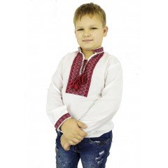 Класична дитяча вишиванка в білому кольорі з тканою нашивкою 07013 Класична дитяча вишиванка в білому кольорі з тканою нашивкою 07013