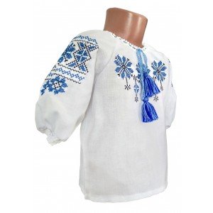 Вишита блуза для дівчинки з синім геометричним орнаментом 070291